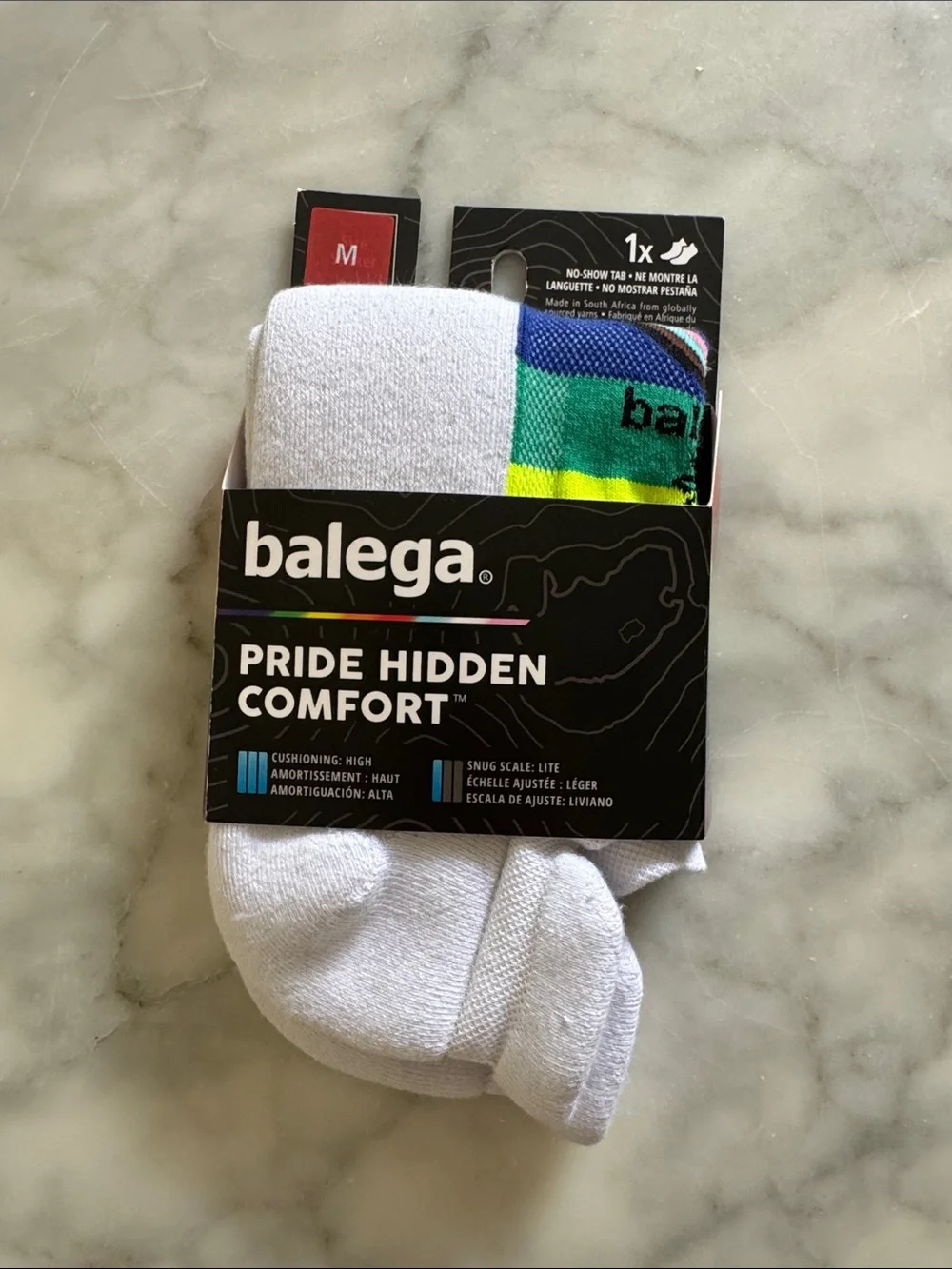 Balega Pride Hidden Comfort No-Show Socks — White with Rainbow Accent